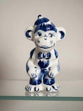 Gzhel Porcelain Monkey Figurine Hand Painted Cobalt Blue White Made in Russia
